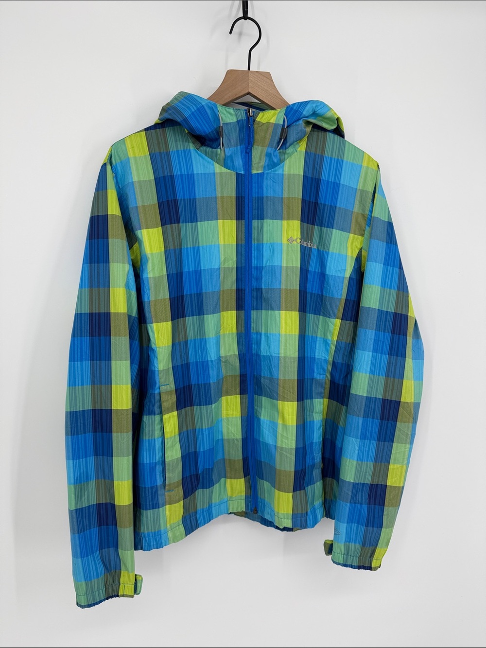 Columbia Blue Green Plaid Hooded Rain Jacket Gorpcore Women’s XL - Picture 2 of 13